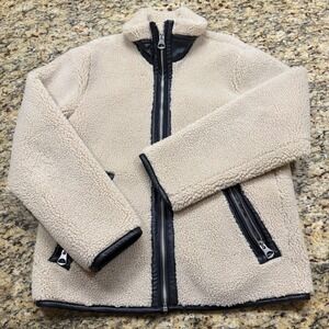 HM Women Beige Pile Fleece Teddy Jacket Faux Leather Trim Zip Up Coat Medium ws